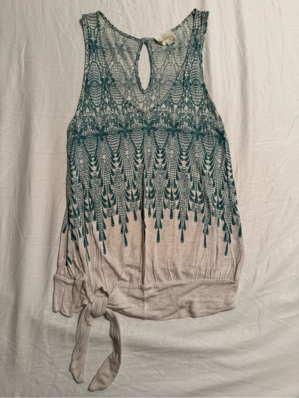 Anthropologie Deletta Teal Lace-Print Tie-Hem Tank Top